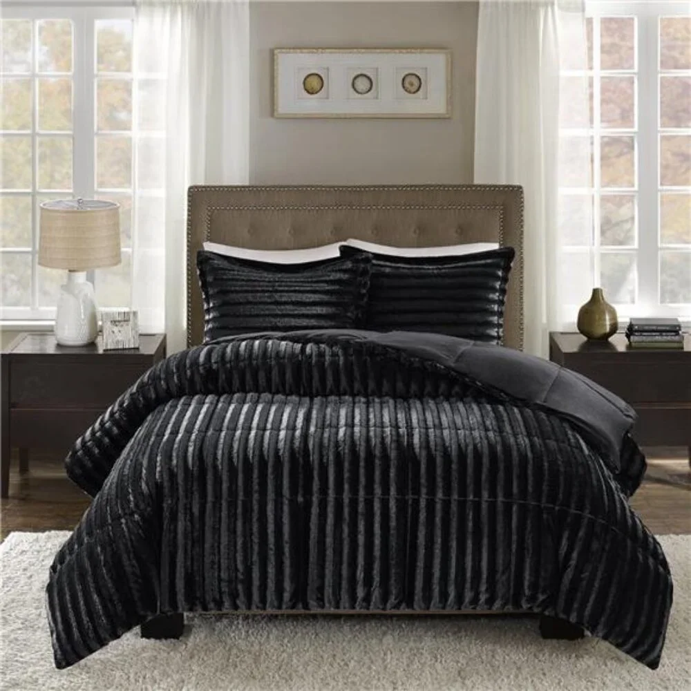 Faux Fur Reversible Comforter Set, Down Alternative Filling, Modern Quilted